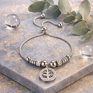 18K White Gold Plated Tree Of Life Cubic Zirconia Talisman Bolo Slider Bracelet